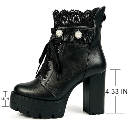 Image of FOREADA Goth Boots Chunky Heel Boot For Women Ankle Combat Booties Black Platform Bootie Buckle Rivets Punk Goth Shoes With Zipper