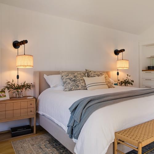 Image of XSDeTu Plug in Wall Sconces Set of 2, Farmhouse Wall Lamp with 5.9FT Plug in Cord, Dimmable Hanging Wall Lighting with Fabric Shade, Adjustable Wall Mount Lights for Bedroom Living Room, Wooden Arm