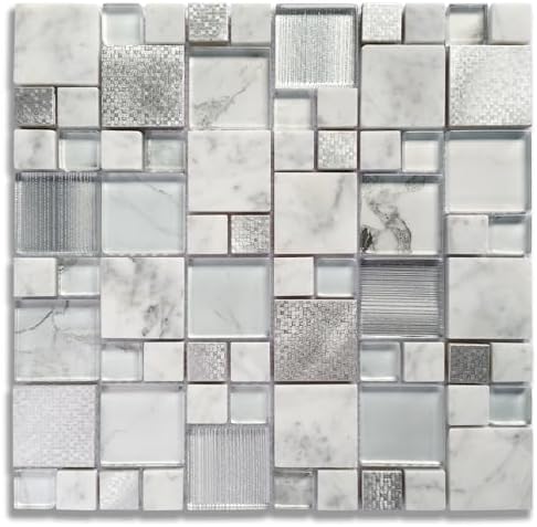 Upgraded Silver Metallic Glass Mosaic Tiles Mixed Carrara White M...