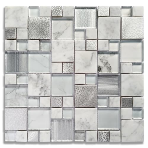 Artemuro Upgraded Silver Metallic Glass Mosaic Tiles Mixed Carrara White Marble for Kitchen Backsplash, Bathroom Shower, Fireplace Wall Decor (Pack of 5 Sheets)