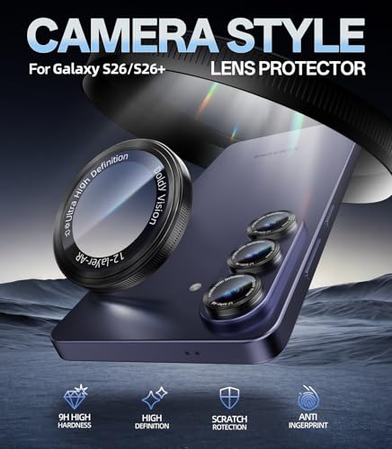 HelloDeere for Samsung Galaxy S26/S26 Plus Camera Lens Protector, Military-Grade 9H+ Tempered Glass AR Optical Tech HD Anti-Glare Anti-Scratch Metal Individual Ring Easy Install Case Friendly, Black — view 2