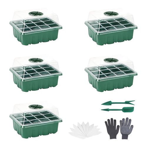 育苗ポット 5個セット LUEYIKUZO 種発芽育成ポット 12穴 種子トレイ 発芽育苗セット 種蒔きポット 種まきハウス 育苗ボックス プラグトレイ 種まき 発芽 育成 通気性 野菜 植物 家庭菜園 園芸用品 植物栽培 グリーン
