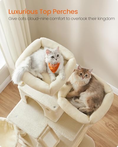 Image of Feandrea Cat Tree, 66.1-Inch Large Cat Tower, Multi-Level Plush Condo with 13 Scratching Posts, 2 Perches, 2 Caves, Basket, Hammock, Pompoms, Beige UPCT165M01