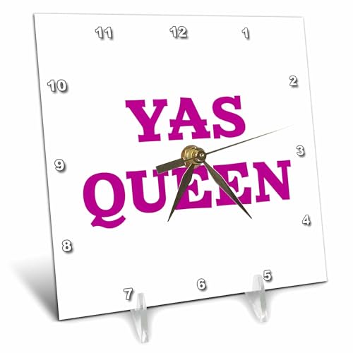 3dRose 6x6 Desk Clock - YAS Queen, Purple Text ON White Background Anne Collections Quotes