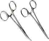 2 pcs Fishing Clamp Set 5' Straight and Curved Hemostat Forceps Locking Tweezers Clamp Stainless Steel Silver