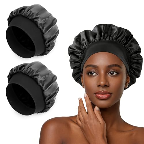 Romon Gorro Saten Pelo Rizado, 2 Piezas Gorro de Saten Ajustable y Respirable, Gorro para Dormir Mujer con Pelo Largo y Rizado, Negro