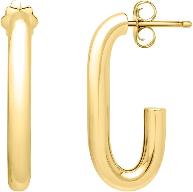 14k Yellow Gold Paperclip Hoop Earrings With Push Back Clasp Clip on Earring for Women