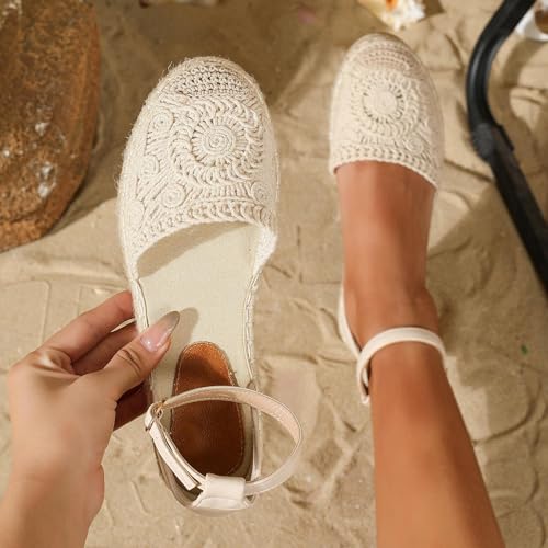 Putu Women's Closed Toe Sandals Ankle Strap Espadrille Platform Sandals Hollow Out Flat Shoes3