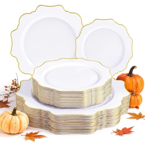 WDF 50PCS White and Gold Plastic Plates - Fall Disposable Plates for Party
