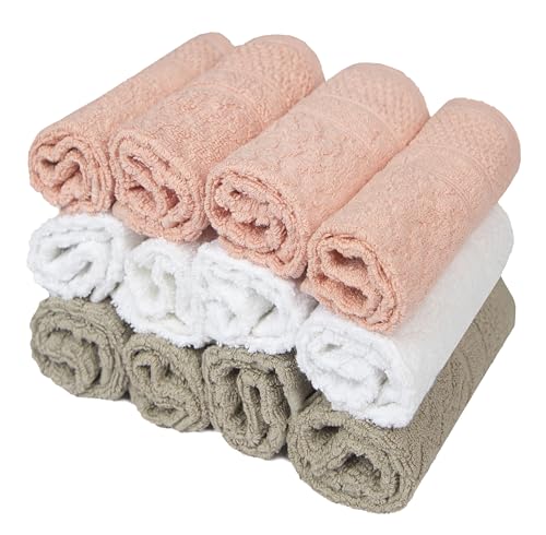 Image of Pleasant Home Chevron Wash Cloths Set - 12 Pack (12 inch x 12 inch) - 509 GSM - 100% Ring Spun Cotton Wash Cloth - Super Soft and Highly Absorbent Face Towels (Blush, White & Tan)