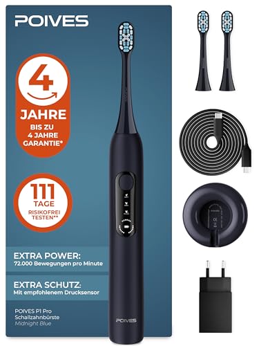 Schallzahnbürste POIVES P1 Pro - Elektrische Zahnbürste mit Drucksensor und 72.000 Bewegungen, bis zu 4 Jahre Garantie, 111 Tage...