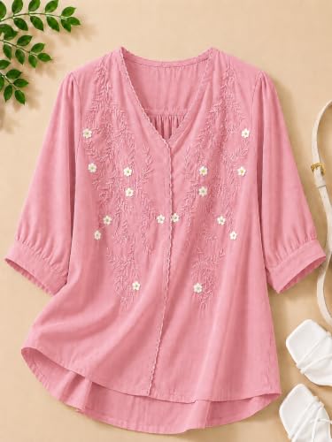 Image of RIEKA Womens Embroidered Korean Style Top and Tunic; V Neck| Floral Thread Embroidery| Three Quarter Puff Sleeves |Relaxed Fit Curved Hem| Casual Everyday Fusion Top