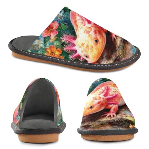 Slippers for Women Colorful Axolotl in Floral Garden Soft Fuzzy Women's Slippers Indoor and Outdoor Shoes2