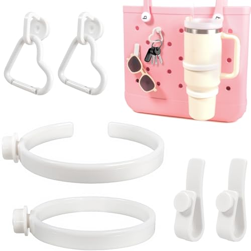Image of LETGO Stanley Cup Holder Set with 4 Hooks, Carabiner Key Chain Holder Charms, Compatible with Stanley 30oz 40oz Cups and Bogg Bag Southern Beach Tote Bags Accessories (White)