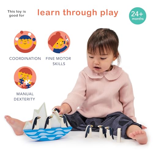 Image of Mentari Wooden Balancing Toy with 8 Penguins on Rocking Iceberg, 7.68-inch Length, Imaginative Play