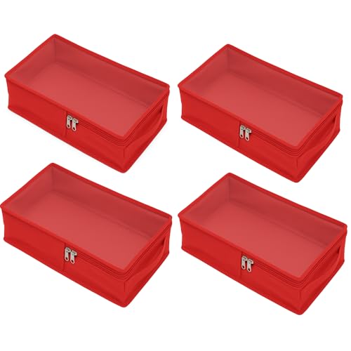 Image of Under Bed Storage Shoes Organizer Box with Clear Plastic Zippered Cover | Foldable Rexine Shoe Bag for Closet, Bedroom & Travel | Dustproof Footwear Holder for Men & Women (Red, Pack of 4)