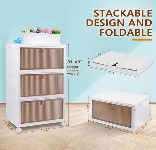 Image of EXVITO 3 Tier Stackable Kitchen Storage Drawer Organizer Cabinet with Transparent Doors, Multi-Layer Storage Bin, Space-Saving Pantry Organizer, Cupboard for Clothes, Storage Rack - White