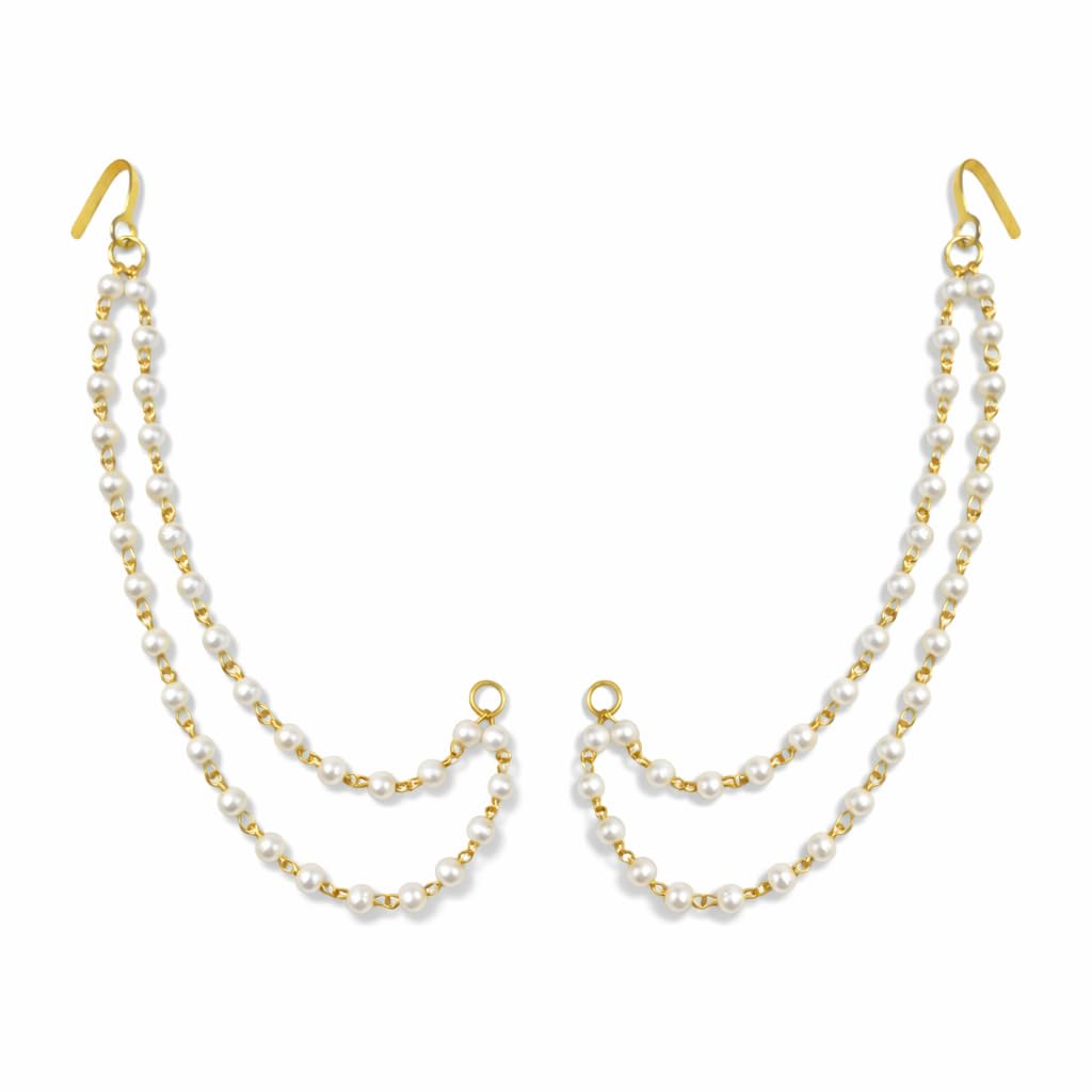Kaan Chain Golden White Pearl 1/2 / 3 line Earchain Traditional Champaswaralu Gold Long Bridal Wedding Kan Chain jewellery for Women & Girls-image-2