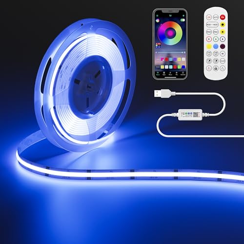 OULARA 5V USB RGB COB LED Tira 3M con Bluetooth Smart APP Controller,Color cambiante tira de luz con 600LEDs/M,Multicolor flexible led tira para TV,Dormitorio,Fiesta DIY decoración