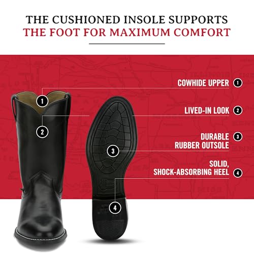 Justin Temple 10" Roper Cowboy Boots for Men - Durable Pull-On Round Toe Cowhide Boots with Covered Cushion Insole and Triple-Density Insole Board, Black - 13 D - Thumbnail 5