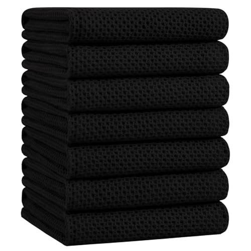 Homaxy 100% Cotton Oversized Waffle Weave Kitchen Towels, 7-Pack, Black
