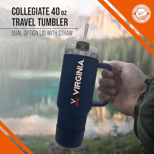 Image of Campus Colors College & University 40 oz Travel Tumbler With Handle - Dual Option Lid With Straw - Vacuum Insulated Stainless Steel (Virginia Cavaliers - Navy)