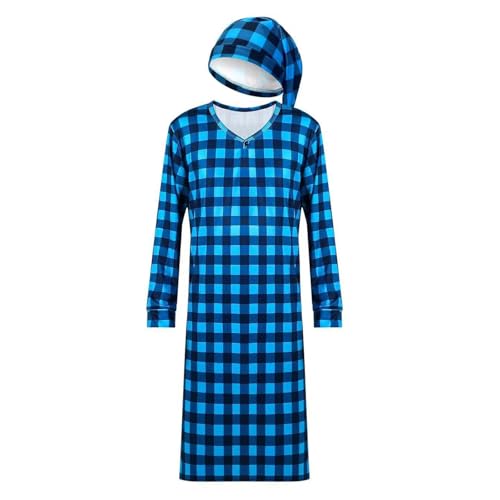 Pijama de hombre largo de cuadros con cuello en V y gorro ropa de descanso 3