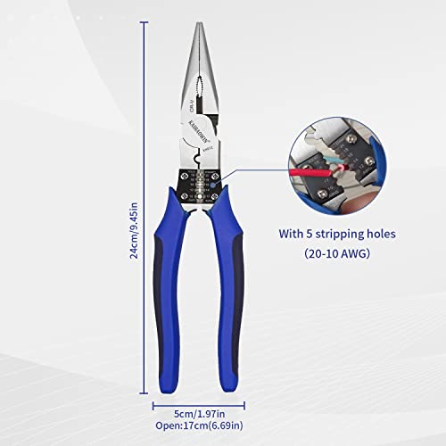 Needle Nose Pliers-KAIHAOWIN 9'' Heavy Duty Chrome-Vanadium Steel Long Pliers-Crimper Winding Pinching Function Side Cutters-Multitools Industrial Combination Wire Stripper Cutters (KH012) - Image 2