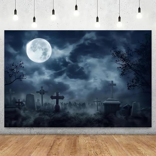 Tela de Terror Zombi Luna Llena Horror Noche Oscura Cementerio Fondo de Halloween Fiesta de Zombis Fondo Pancarta de Fiesta de Halloween 210cmx150cm