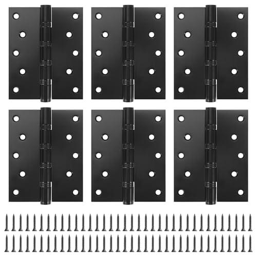 6 Pack Ball Bearing Door Hinges with Square Corners, 5 x 4 Inch Heavy Duty Stainless Steel Hinges with Screws for Exterior & Interior Doors, Matte Black