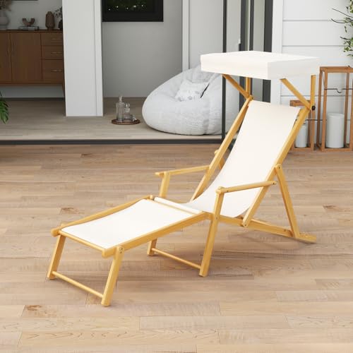GIANTEX Chaise longue en bois de bouleau avec pare-soleil, 4 dossier réglable et repose-pieds, lit de soleil extérieur pour plage, terrasse et piscine, avec...