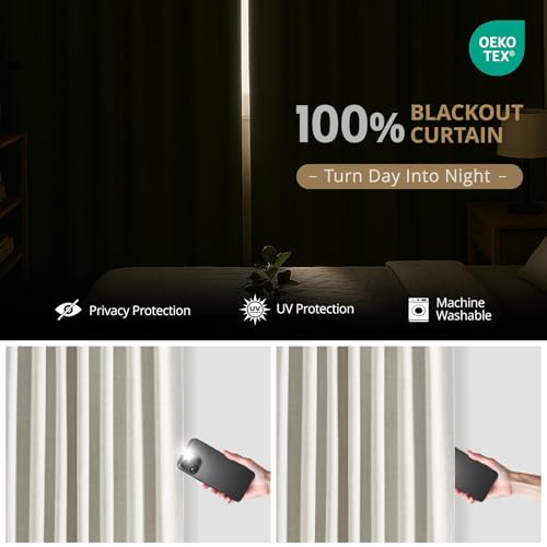 DEFYNEE 100% Blackout Curtains for Bedroom, 50 x 72 Inch Drop, Back Tab/Rod Pocket, Thermal Insulated Curtains with Coating Back Layers, for Room Darkening Privacy Protection, 2 Panels, Beige - Image 2