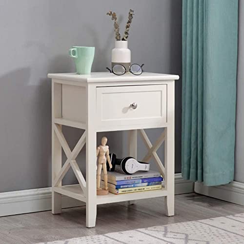 Table de chevet en bois blanche avec tiroir et étagère LiChA pour rangement de chambre