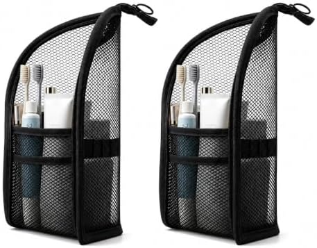 Standing Toiletry Bag,Portable Foldable Hanging Travel Organizer with Zipper and Loop,Mesh Large Capacity Cosmetic Waterproof Bag for Bathroom,Suitcase Packing,Toiletries,Makeup,Skincare (2PC，Black)