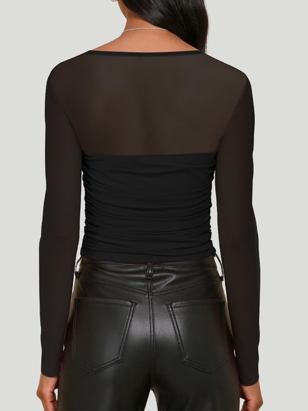 ADEWEL Womens Rhinestone Top Long Sleeve Round Neck Sheer Mesh Glitter Shirts Sexy See Through Blouses Tee Party Club Night - Image 2