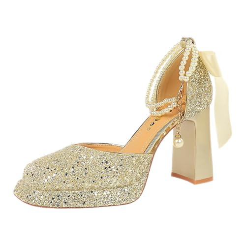 Women's Sequin Platform Chunky Heel Pumps with Adjustable Pearls Ankle Strap Comfortable Square Toe Block High Heel Dress Bride Shoes for Bridesmaid Prom Wedding Party Work