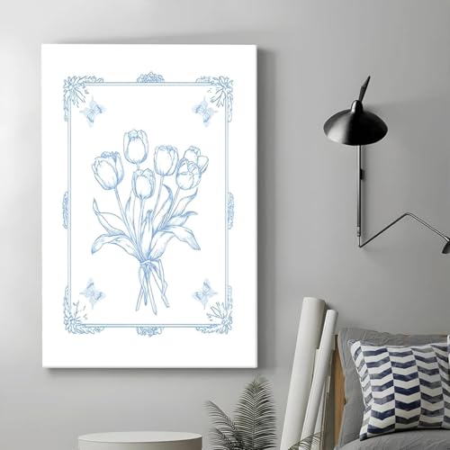 Affiche sur toile fleurie bleue 60x90 cm avec cadre moderne - 2