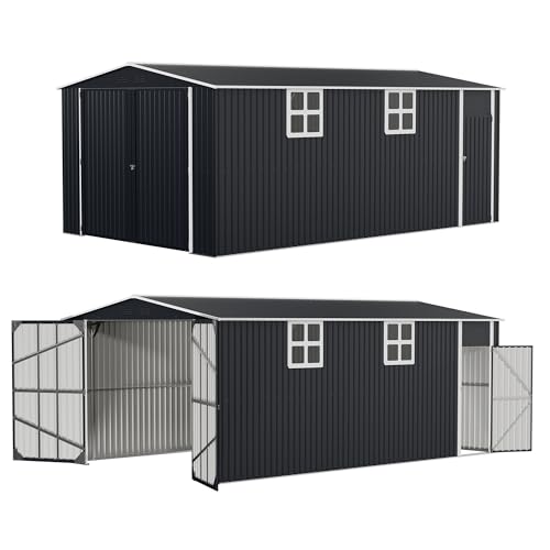 Image of AirWire 12x20 FT Storage Shed, Large Metal Garden Shed with Double Lockable Doors, 2 Windows & Air Vents, Garage Car Shelter with Side Door for Backyard Garden Patio Lawn, Cars Trucks Boat, Black