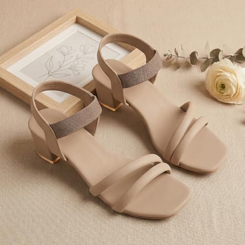 Image of SKOLL Women's Low Block Heel Strappy Sandals, Comfort Elastic Ankle Strap Open Toe Heeled Sandals, Casual Dressy Walking Sandals with Dual Front Straps