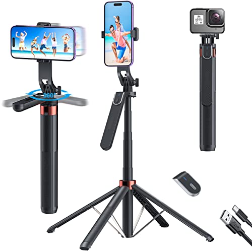 71-inch Extra Long Selfie Stick Tripod Anti-shake Selfie Stick with Balance Handle,Quadripod Stand with Rechargeable Bluetooth Remote for Mobile Phone 1/4 Screw Compatible for Mirrorless Camera Ring Light Holder for Gopro,celfiexpt Long Selfie Stick Stand for 360°Panoramic Shooting Overhead Shoot YouTube Vlogging Live Stream Travel