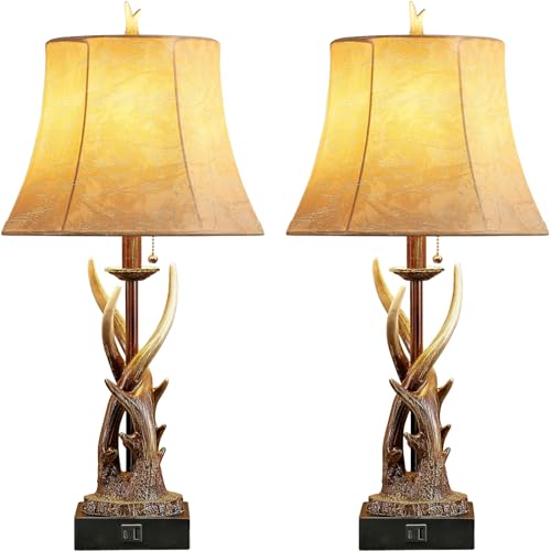Bowobo Antler Table Lamps Set Of 2 With Usb A+C Ports For Bedroom Farmhouse Deer Rustic Bedside Lamps With Faux Leather Bell Shade For Living Room End Table Hunting Themed Cabin Lamp Pull Chain thumb #7