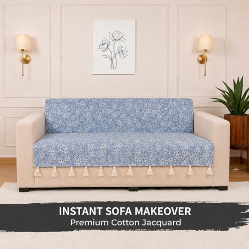 Image of STITCHNEST 'Verdant Phool Stories' 3 Seater Sofa Cover - Full Coverage| Elegant Jacquard Fabric, Decorative Tassels, Washable & Durable for Modern Living