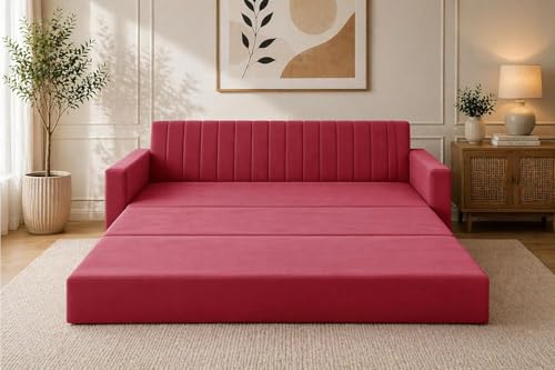 Image of Modern Velvet 3-Seater Sofa Cum Bed with Armrest, Convertible Sleeper Couch Sofa for Living Room, Bedroom & Office - Red Color
