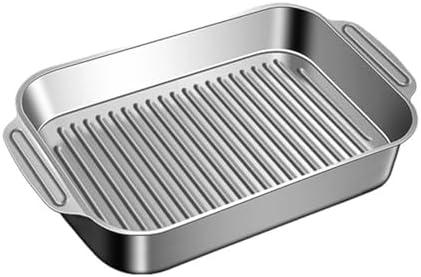 Rectangular Stainless Steel Roasting Pan with Handles - 14/15.7 inch Deep Baking Tray for Lasagna, Meat, Chicken & Fish - Dishwasher Safe, Corrugated Bottom for Even Cooking