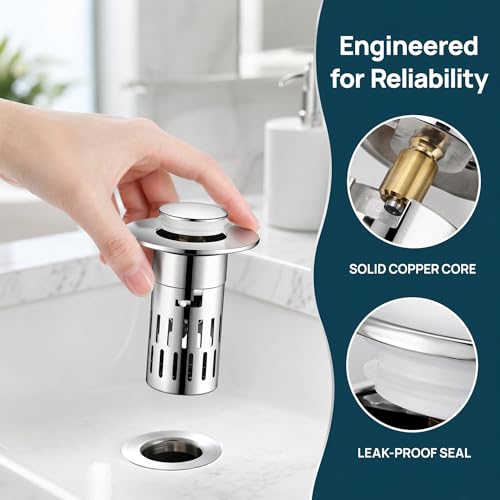 Image of Stainless Steel Bathroom Sink Stopper - Universal Pop-up Drain Stopper with Hair Catcher, Anti-Clog Sink Drain Strainer for Bathroom, Kitchen, RV