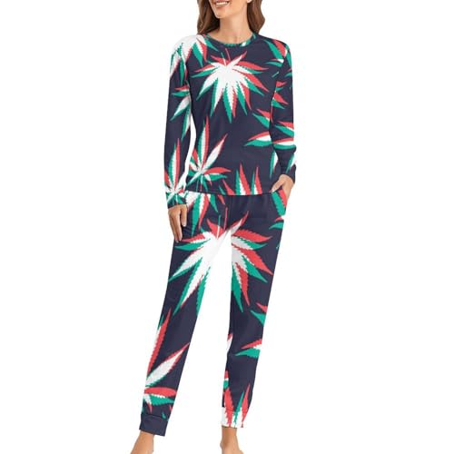 Pyjama femme ensemble avec t-shirt manches longues et pantalon à motif feuille d'érable