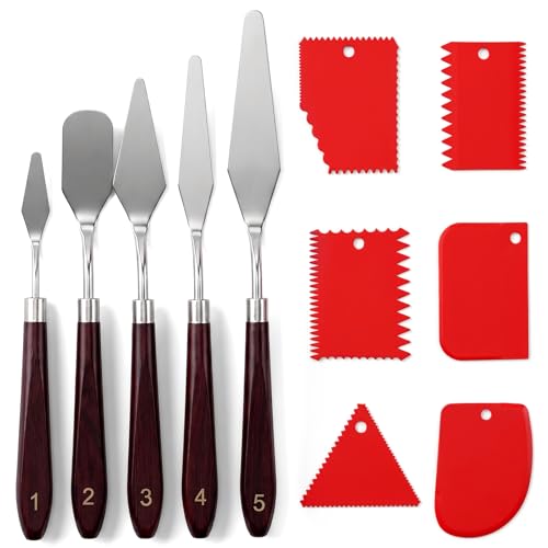 Palette Knife Set, 5pcs Stainless Steel Palette Knives with 6 Plastic Scrapers Small Offset Spatula for Oil, Canvas, Acrylic Painting & Cake Decorating