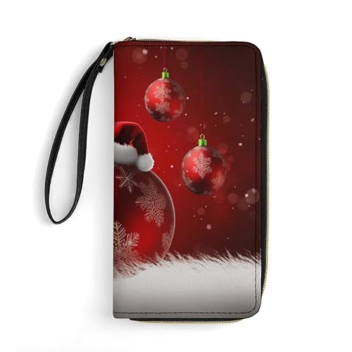 Red Ball Xmas Print PU Leather Wristlet Wallet Slim Card Holder Organizer with Zipper Coin Pocket & Cash Slots for Women Men