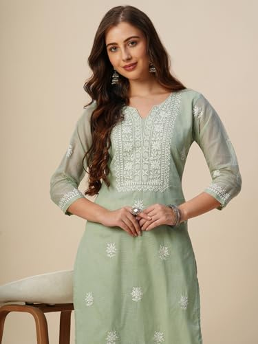 Image of RATAN Muga Cotton Straight Lucknowi Chikankari Ethnic Wear Kurta for Women