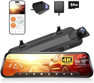 WOLFBOX G930 10" Espejo Retrovisor con Camara y 5.8GHz WiFi, 4K Ultra HD Doble Dashcam y 1080P WDR Camara Trasera Espejo Dash CAM Coche para Navegador GPS 24H Cámara Vigilancia Aparcado Tarjeta 64GB